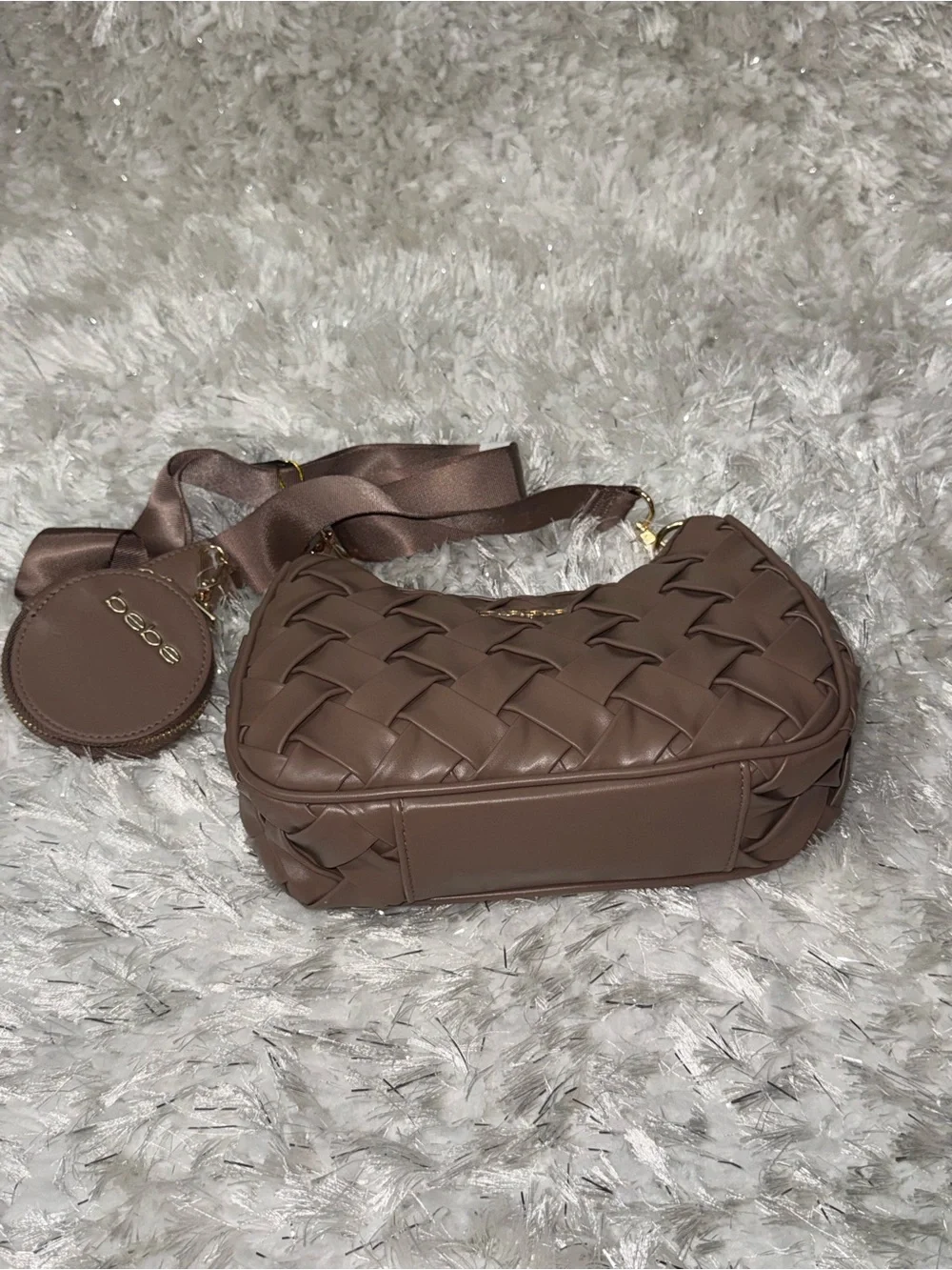 bebe Woven Shoulder Bag in Taupe Brown with Coin Pouch